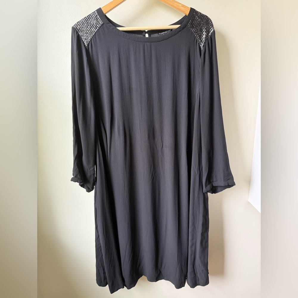 EILEEN FISHER Woman Silk Sequin Black Dress Oversized Baggy Elegant Pockets 2X